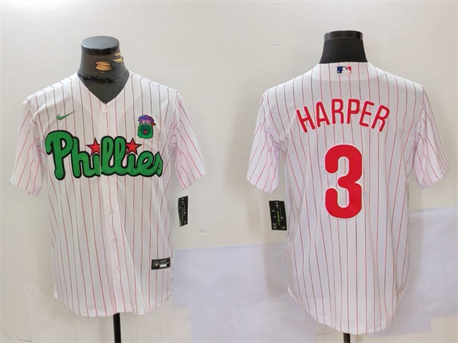 Men's Philadelphia Phillies #3 Bryce Harper White/Green Cool Base Stitched Jersey